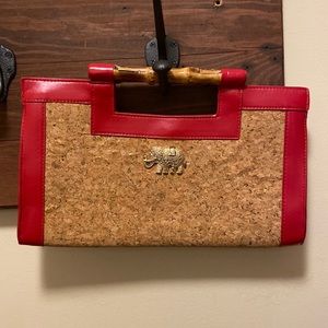 Vintage unique Red And Cork - Wood Handled Elephant Vintage Clutch Handbag